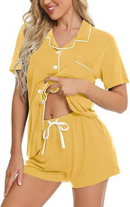 Women's Lapel Pyjama Set - Short Sleeve Top and Shorts Loungewear, Thirteen Patterns, XS-3XL - Amora