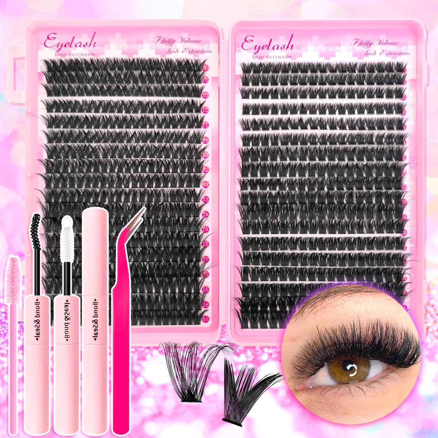 720/200Pcs Eyelash Extension Kit Fluffy Eyelash Extension Kit with Lash Bond and Seal Lash Tweezers Thick Lash Clusters Wispy
