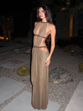 Women's Rhinestone Halter Neck Maxi Dress - Backless Cut-Out Bodycon Dress, Light Brown or Purple, XS-L - Amora