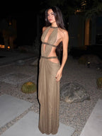 Women's Rhinestone Halter Neck Maxi Dress - Backless Cut-Out Bodycon Dress, Light Brown or Purple, XS-L - Amora