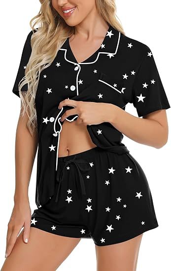 Women's Lapel Pyjama Set - Short Sleeve Top and Shorts Loungewear, Thirteen Patterns, XS-3XL - Amora