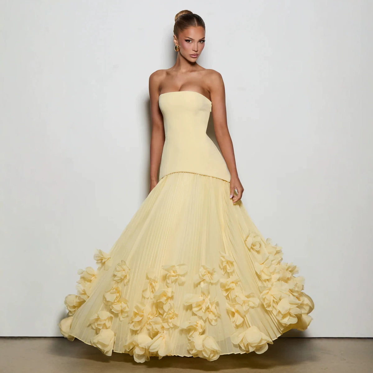 Women's Strapless Evening Gown - 3D Petal Pleated Ball Dress with Train, Six Colours, XS-XXL - Amora