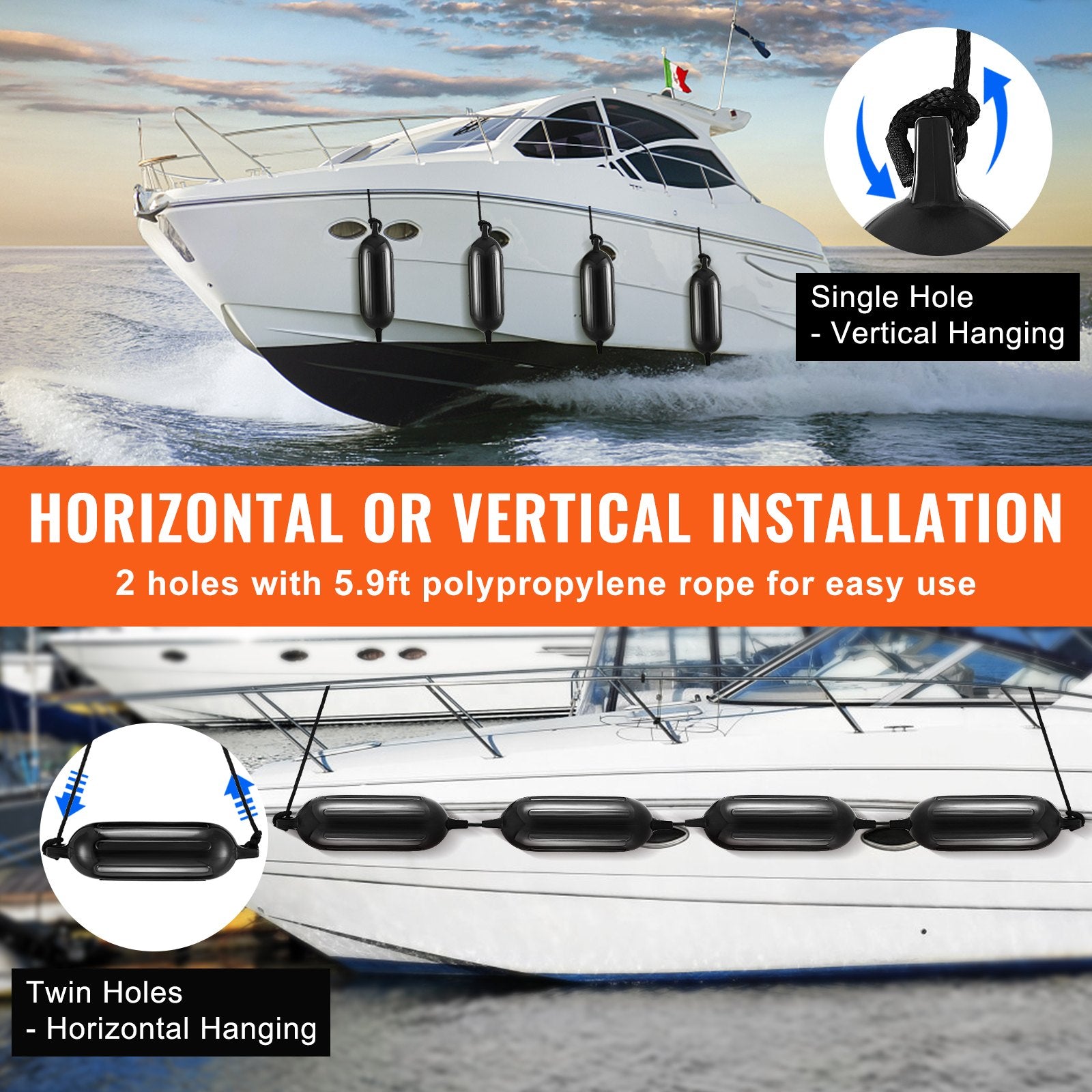 Boat Fenders, 5.5 X 20 Boat Bumpers for Docking, Inflatable Ribbed Fender with Center Holes, Marine Boat Dock Fender Bumper with Air Pump, 4 Needles and 4 Ropes and Storage Bag, Black