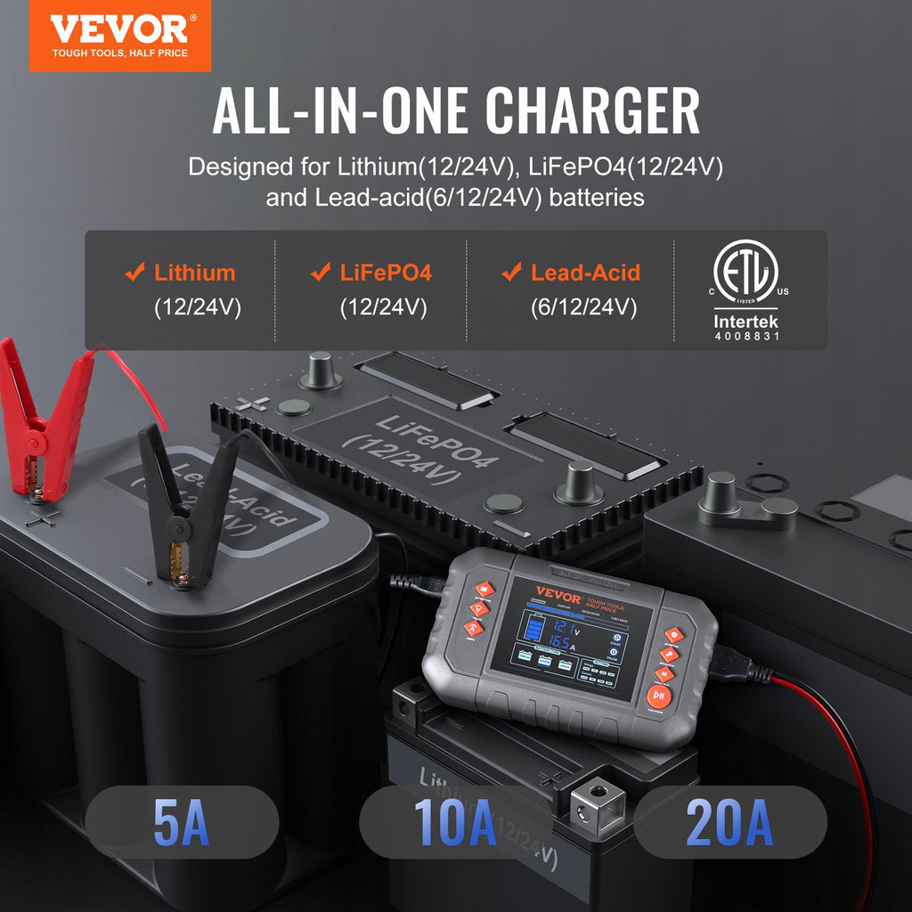 Smart Battery Charger, 20-Amp, Lithium Lifepo4 Lead-Acid (AGM / Gel / SLA) Car Battery Charger with LCD Display, Trickle Charger Maintainer Desulfator for Boat Motorcycle Lawn Mower Deep Cycle