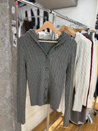 Women's Hooded Cable Knit Cardigan - Button Front Twist Knit Sweater Jacket, Grey, White or Navy - Amora