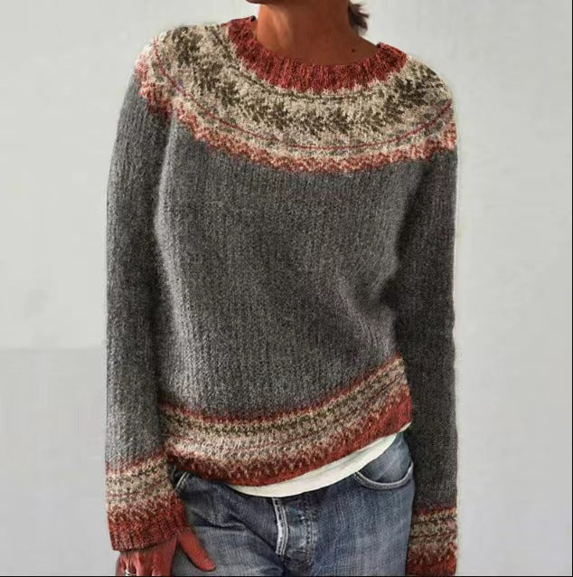 Women's Colourblock Jacquard Knit Sweater - Geometric Pattern Round Neck Pullover, Loose Fit, S-5XL - Amora