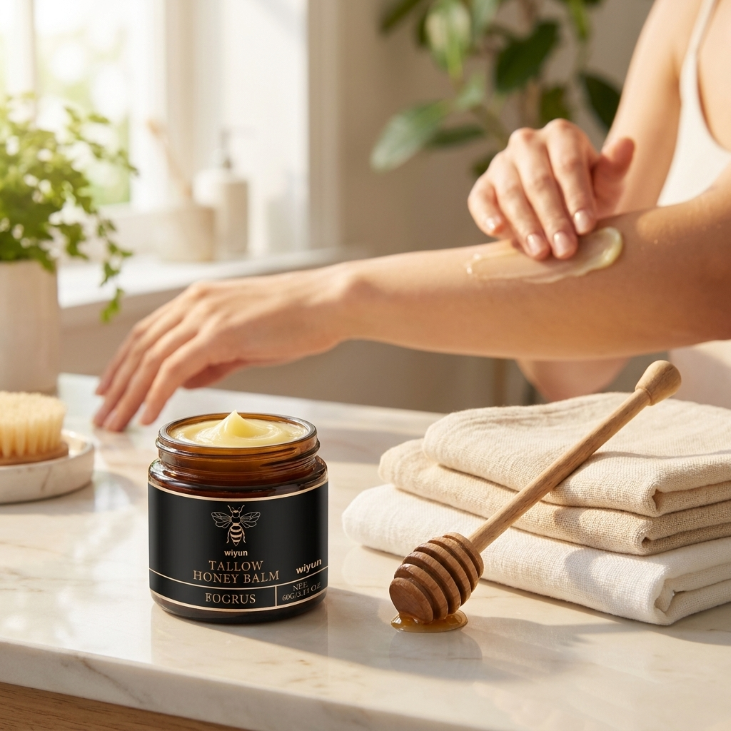 Tallow Honey Cream moisturizer in use on a bright bathroom vanity