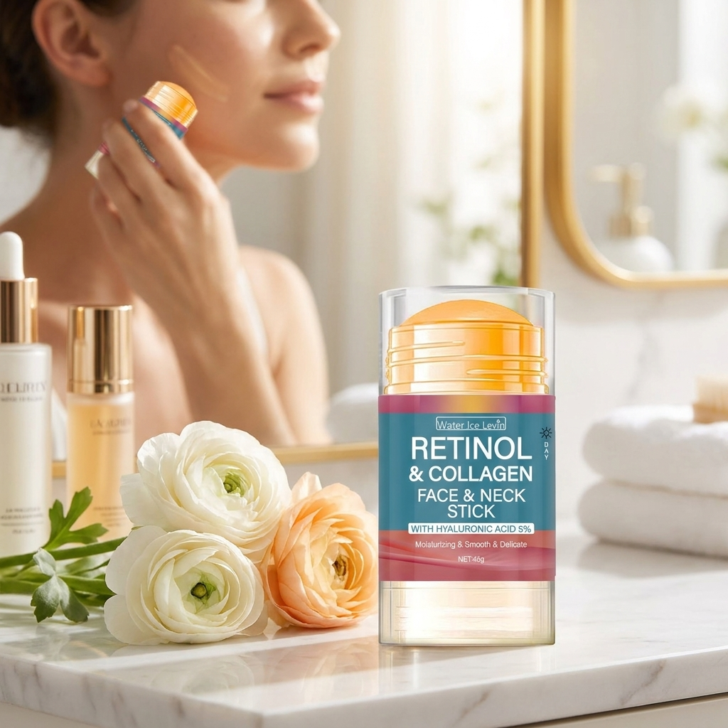 Retinol firming cream stick in use on a bright vanity