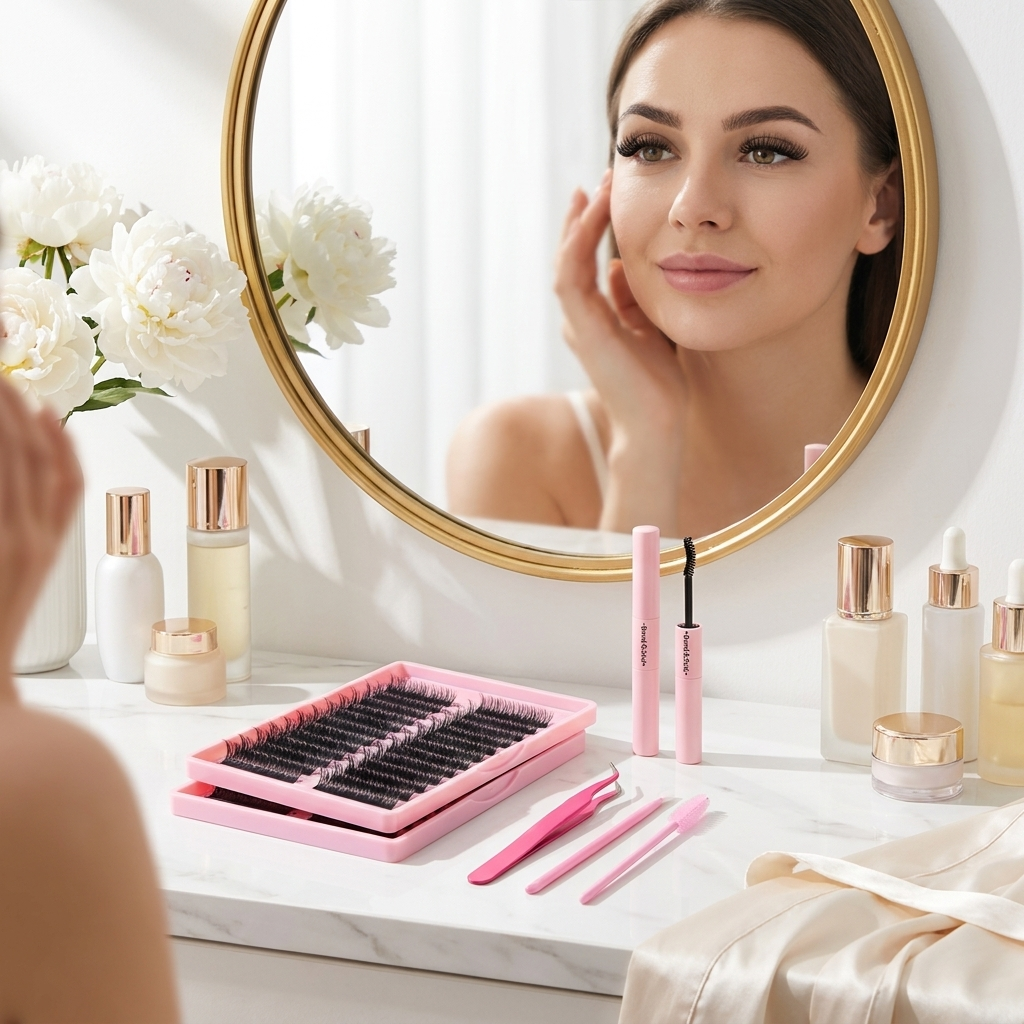 Eyelash extension kit on a beauty vanity