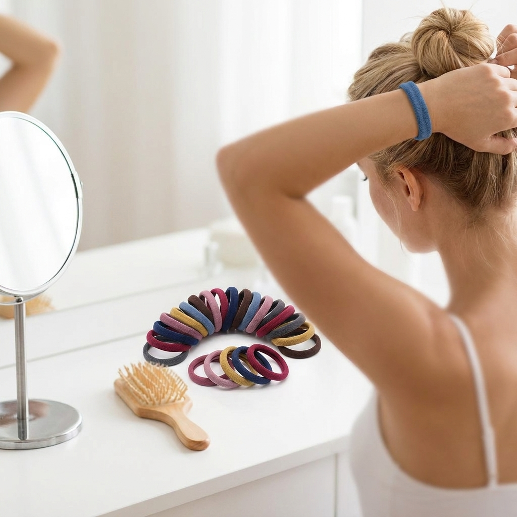Seamless elastic hair ties on a bright vanity