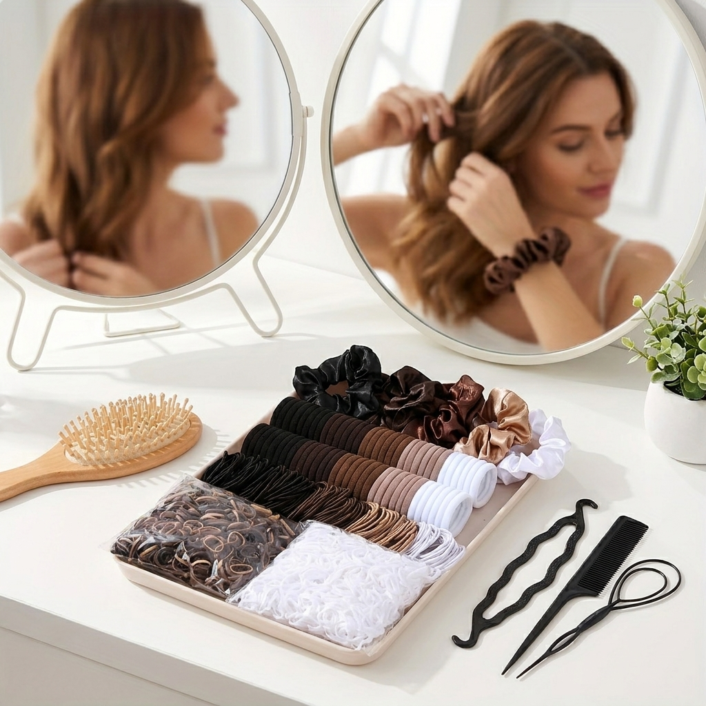 Hair accessories set styled on a bright vanity
