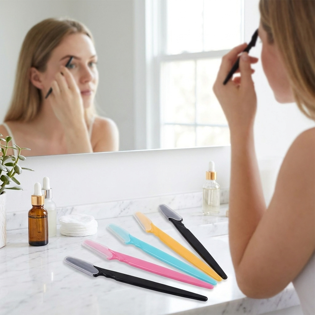 Brow and face razor set used at a bright vanity