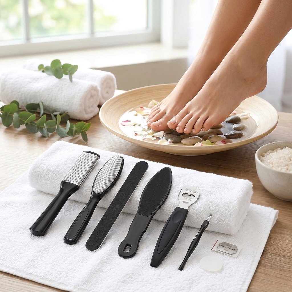 Stainless steel pedicure tool kit at a home spa