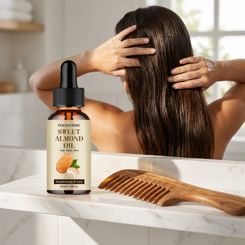 Sweet almond hair oil used on glossy hair