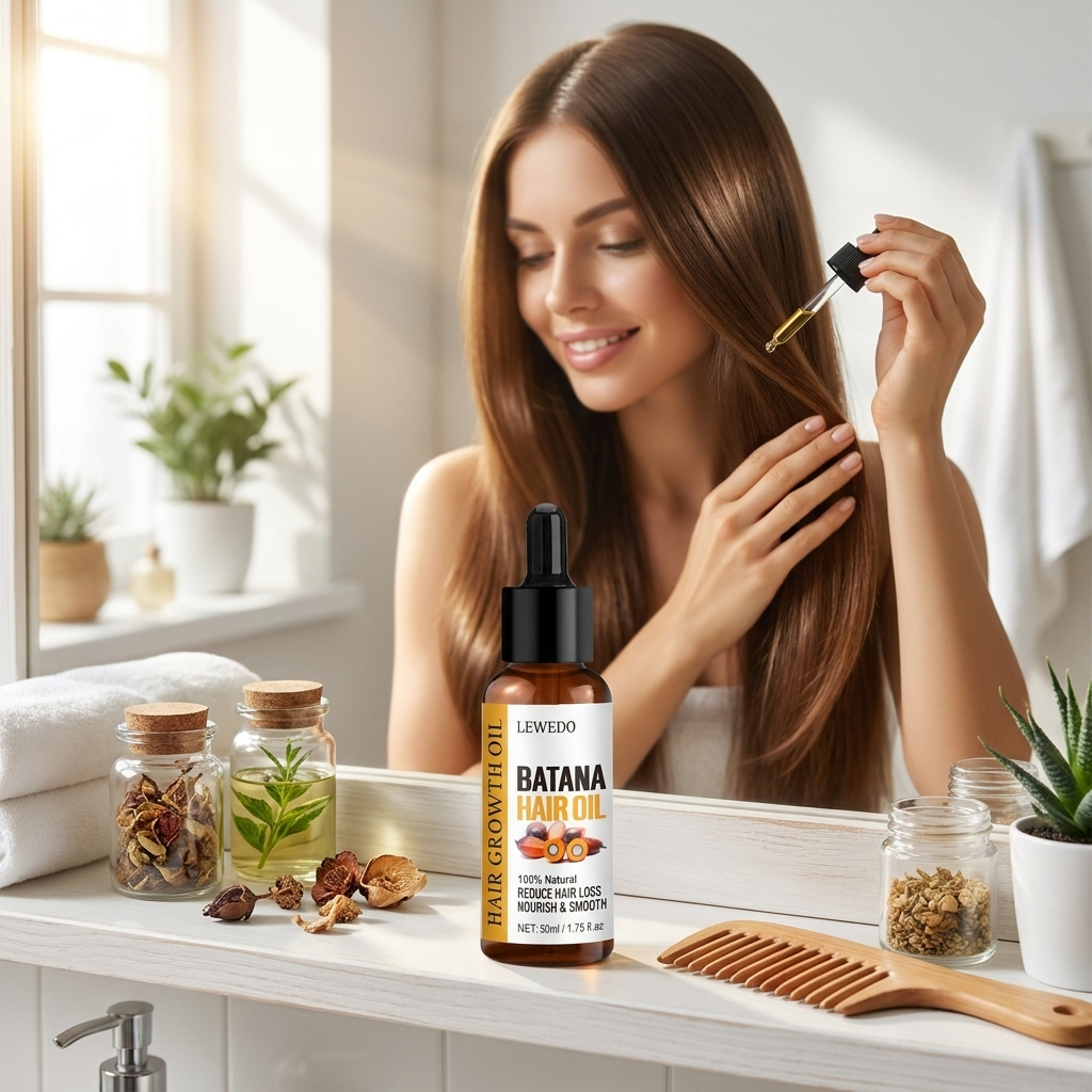 Natural batana oil applied to healthy hair