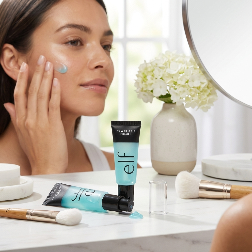 Makeup base gel primer used at a vanity