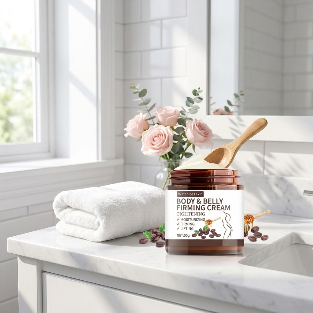 Abdominal firming cream on a bright vanity