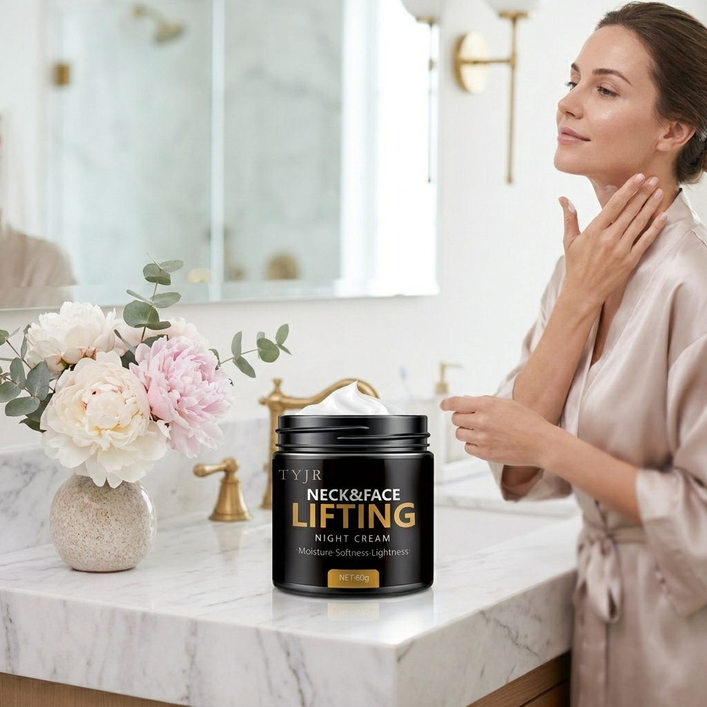 Neck firming protein cream applied to neck