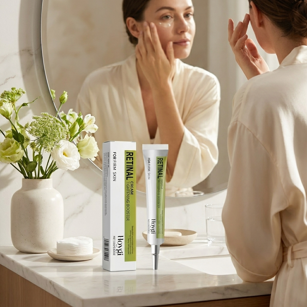 Korean retinol eye cream applied at a vanity