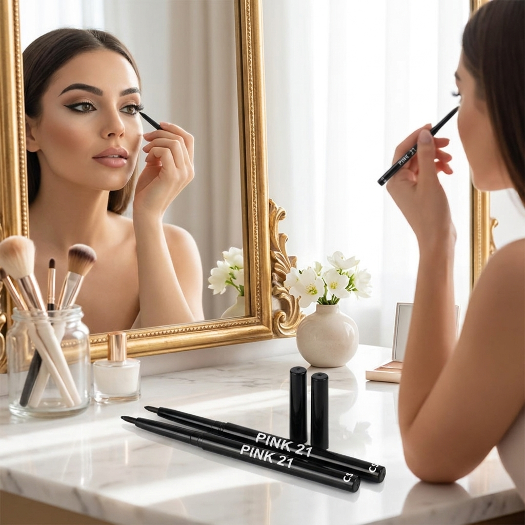 Black eyeliner pencils used at a makeup vanity