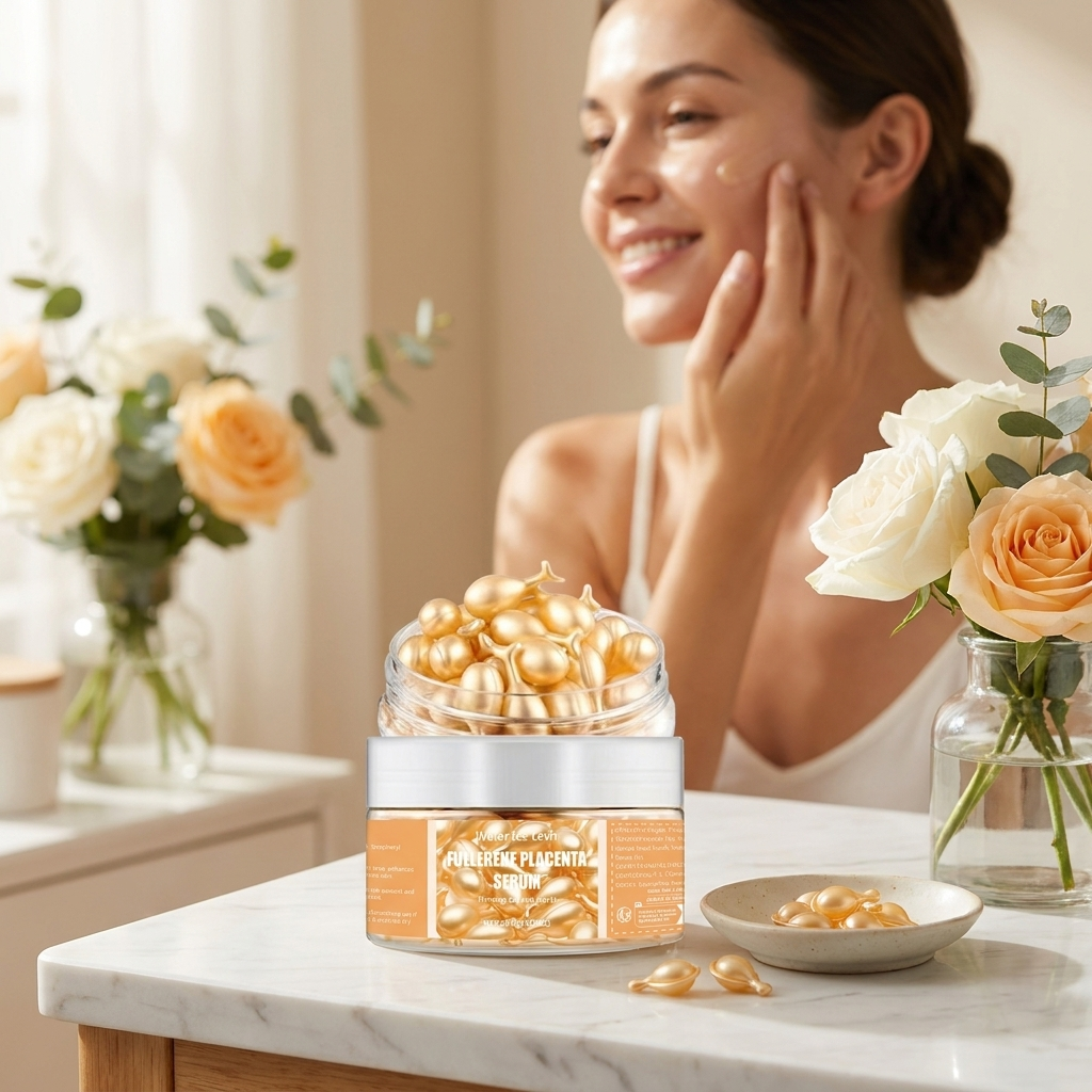 Collagen face care capsules used at a vanity