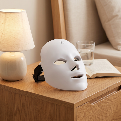 Amora Glow Mask resting on an oak nightstand beside a lamp and a book