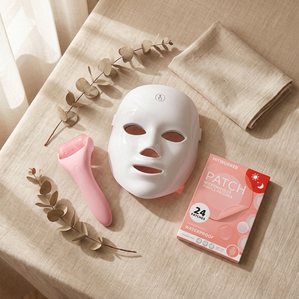 The Amora Glow Kit laid out on linen: LED mask, ice roller and blemish patches