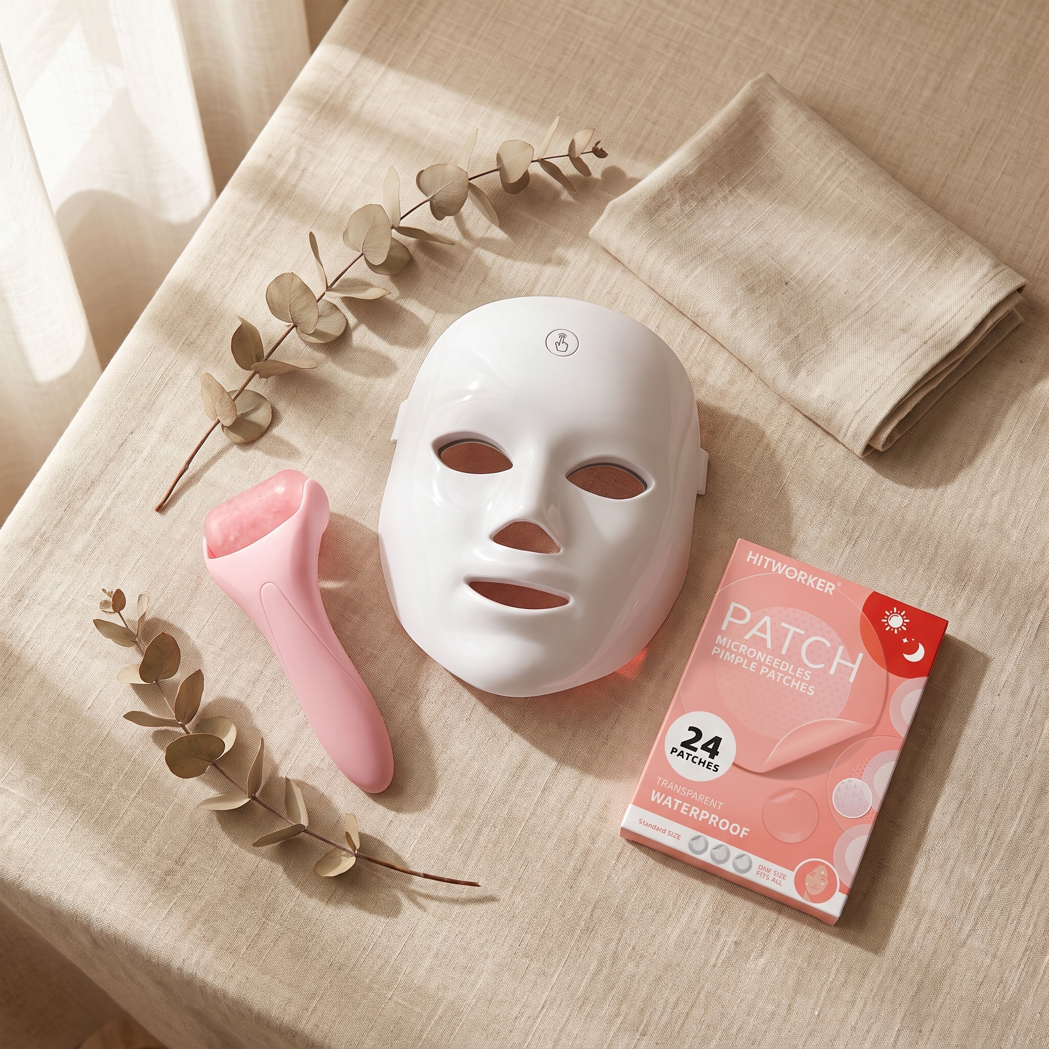 The Amora Glow Kit laid out on linen: LED mask, ice roller and blemish patches