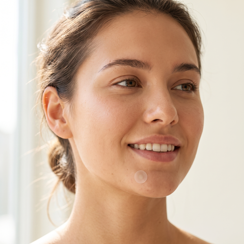 Close-up of a woman in daylight wearing a nearly invisible Amora blemish patch on her chin