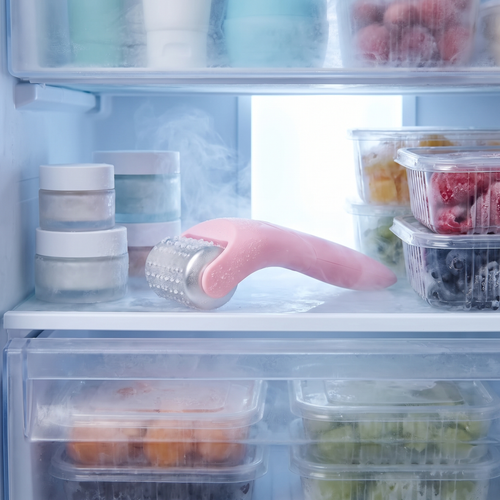 Amora Facial Ice Roller frosted inside a freezer drawer, ready to use