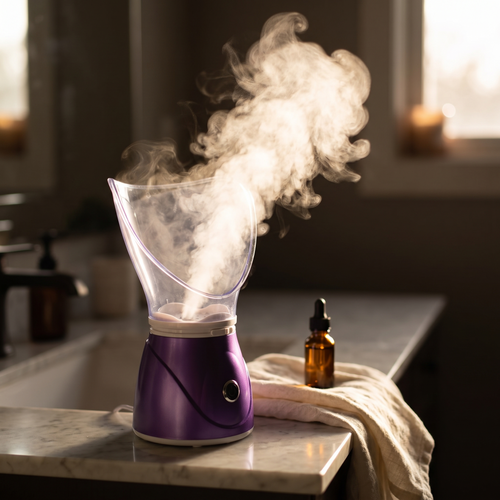 Amora Ionic Facial Steamer on a marble counter with a visible plume of backlit steam