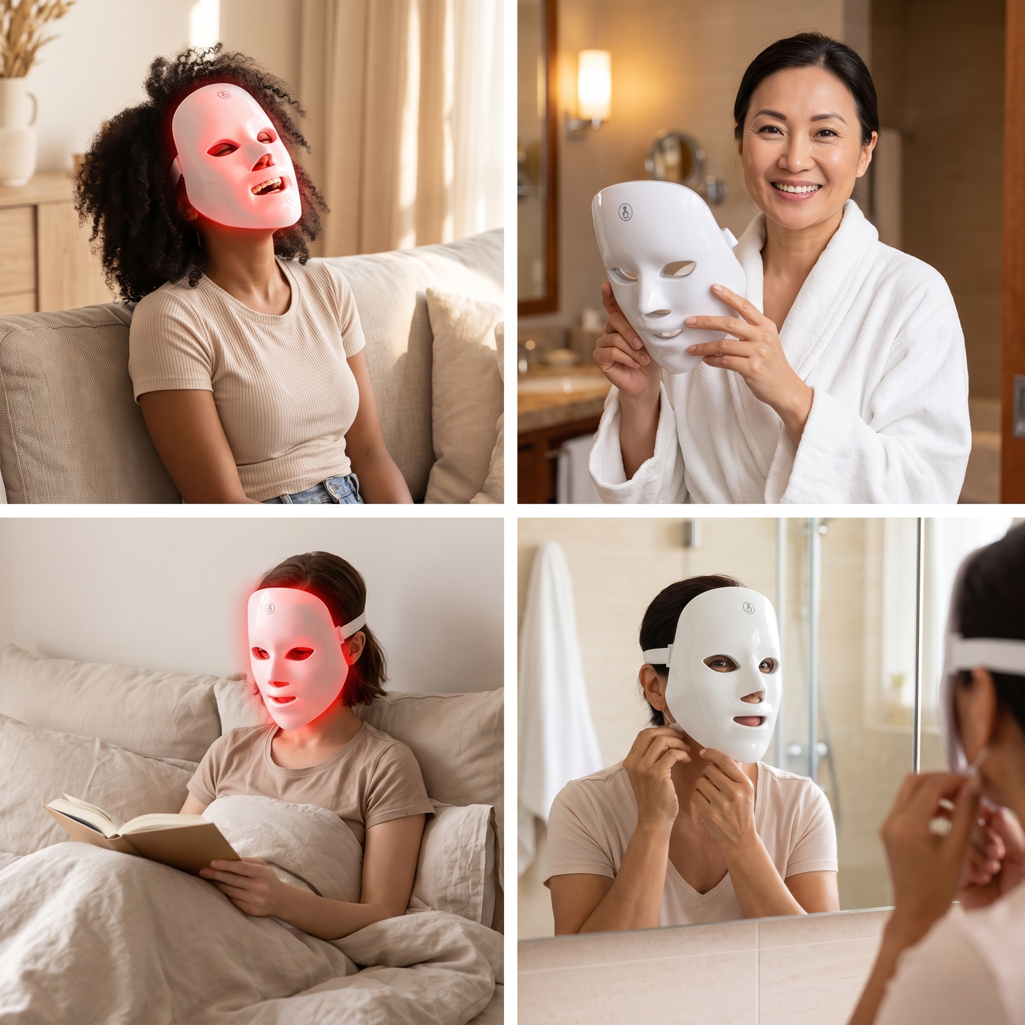 Four-panel grid of different women using the Amora Glow Mask at home
