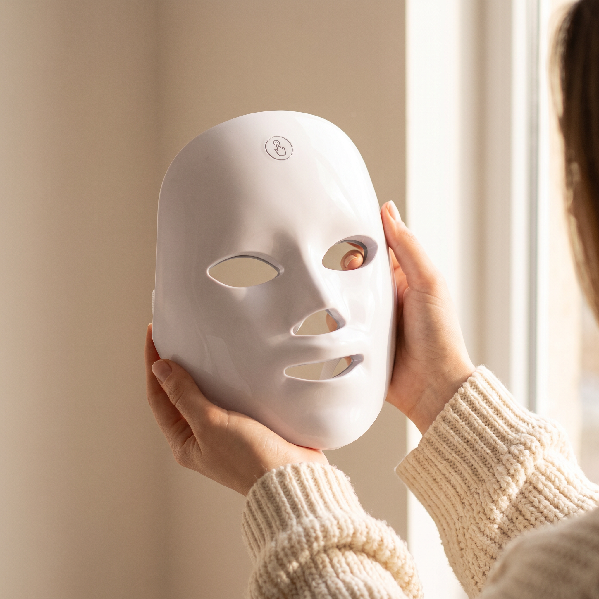 Hands holding the Amora Glow Mask, showing its size