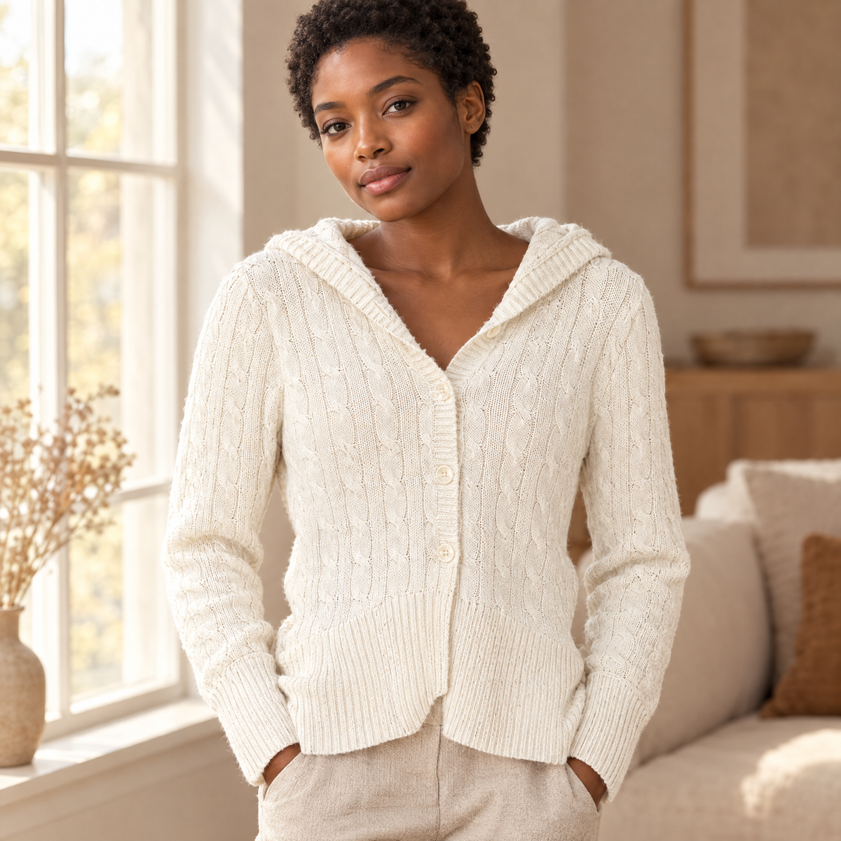 Women's Hooded Button Cable Cardigan