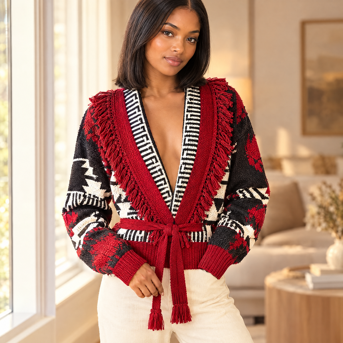 Women's Tassel Trim Waist Tie Cardigan