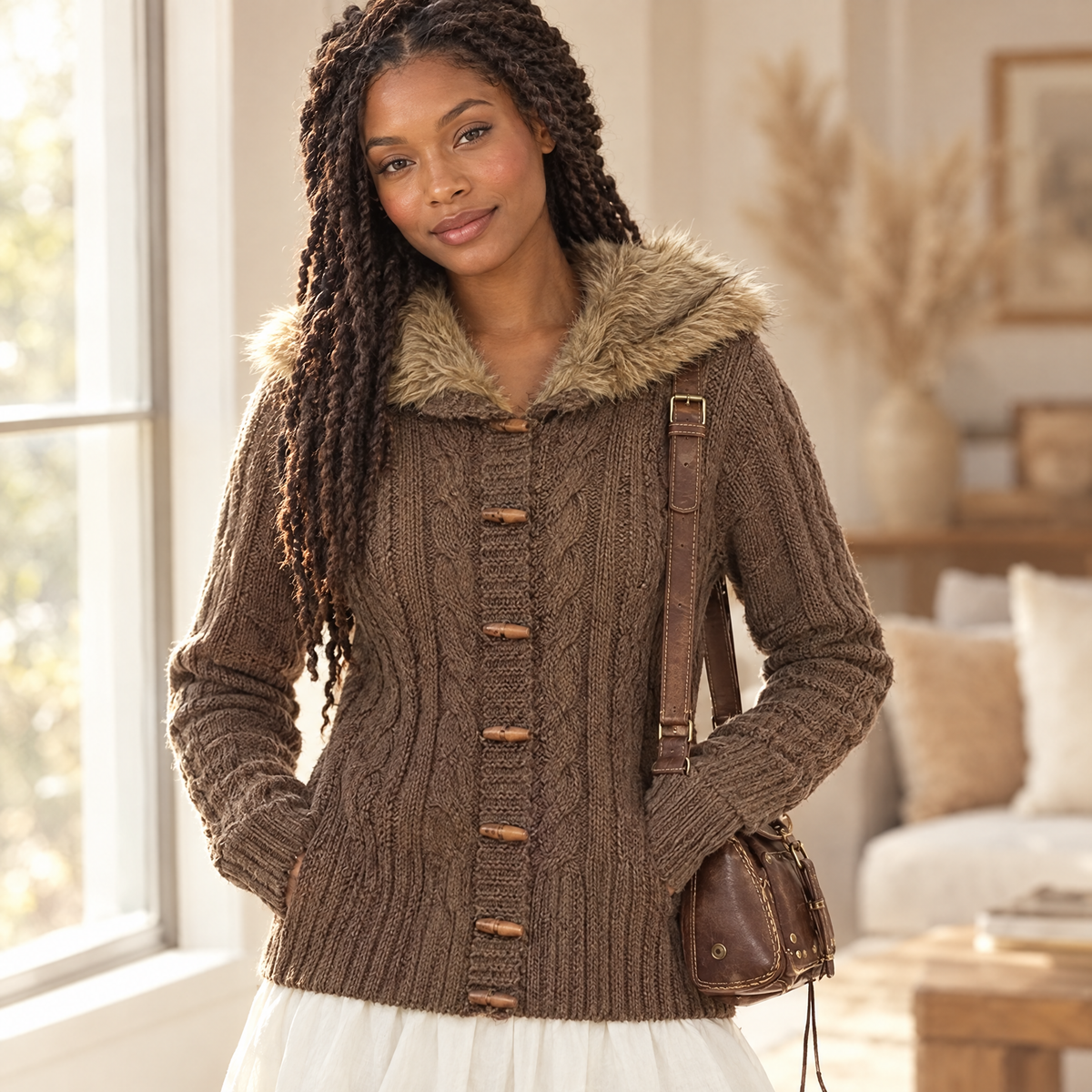 Women's Hooded Faux Fur Trim Cardigan
