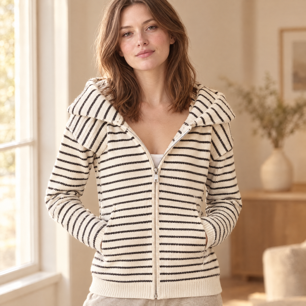 Women's Striped Zip-Up Hooded Cardigan