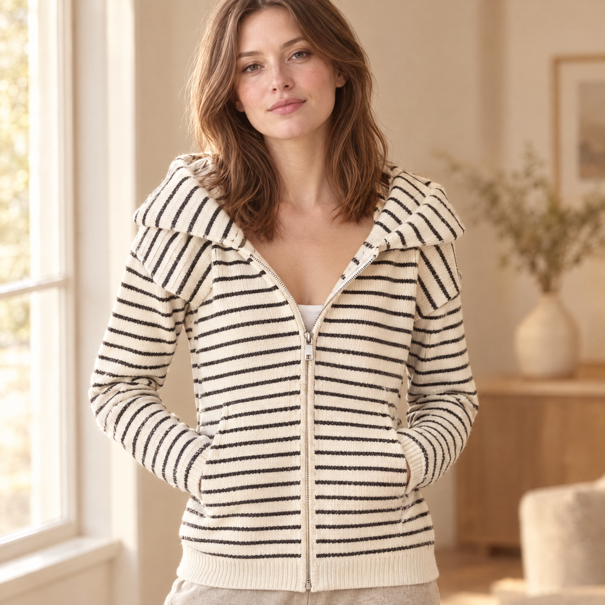 Women's Striped Zip-Up Hooded Cardigan