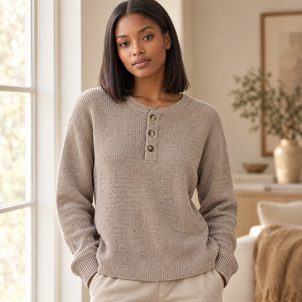 Ribbed Henley Knit Sweater