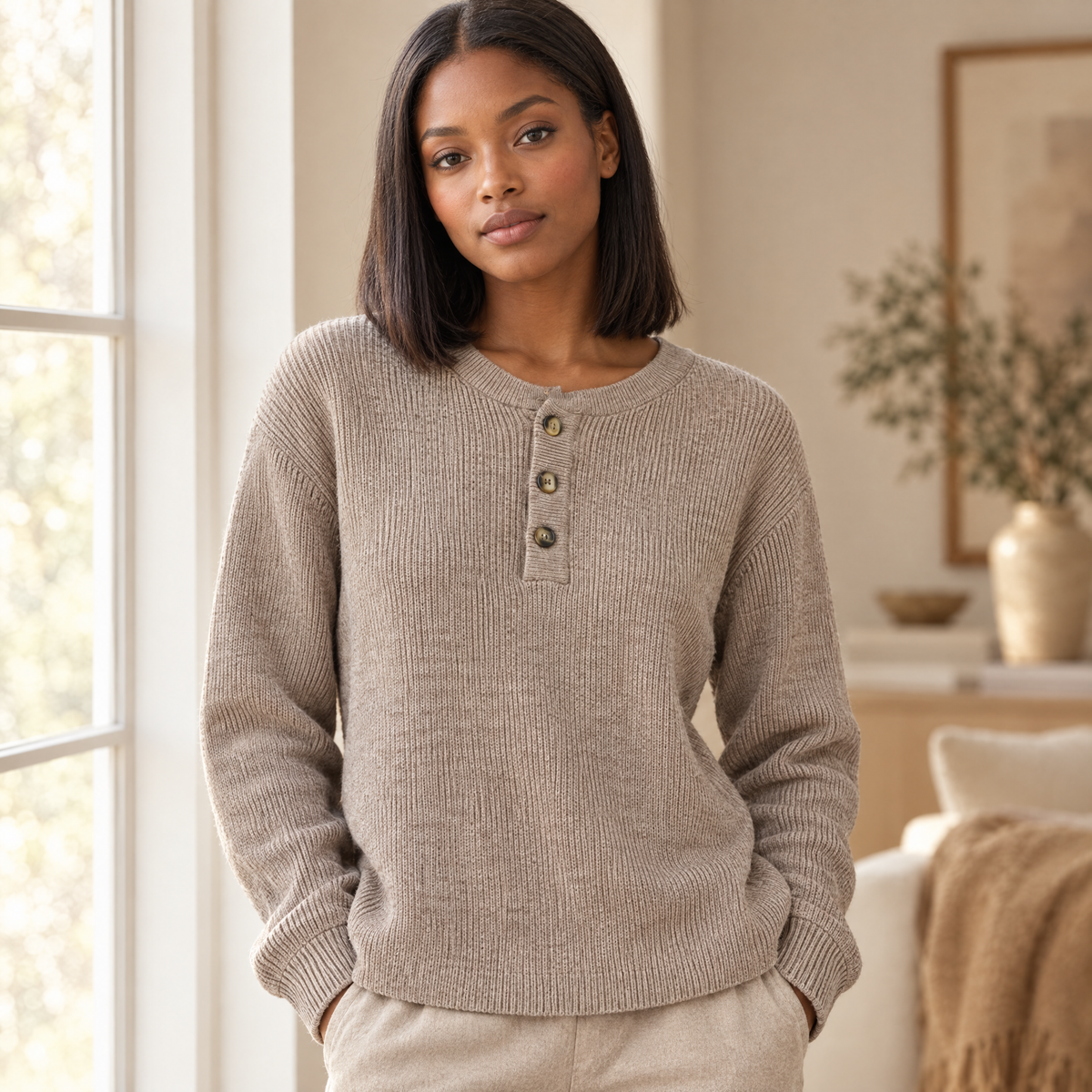 Ribbed Henley Knit Sweater