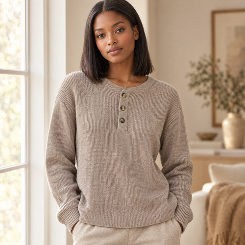 Ribbed Henley Knit Sweater