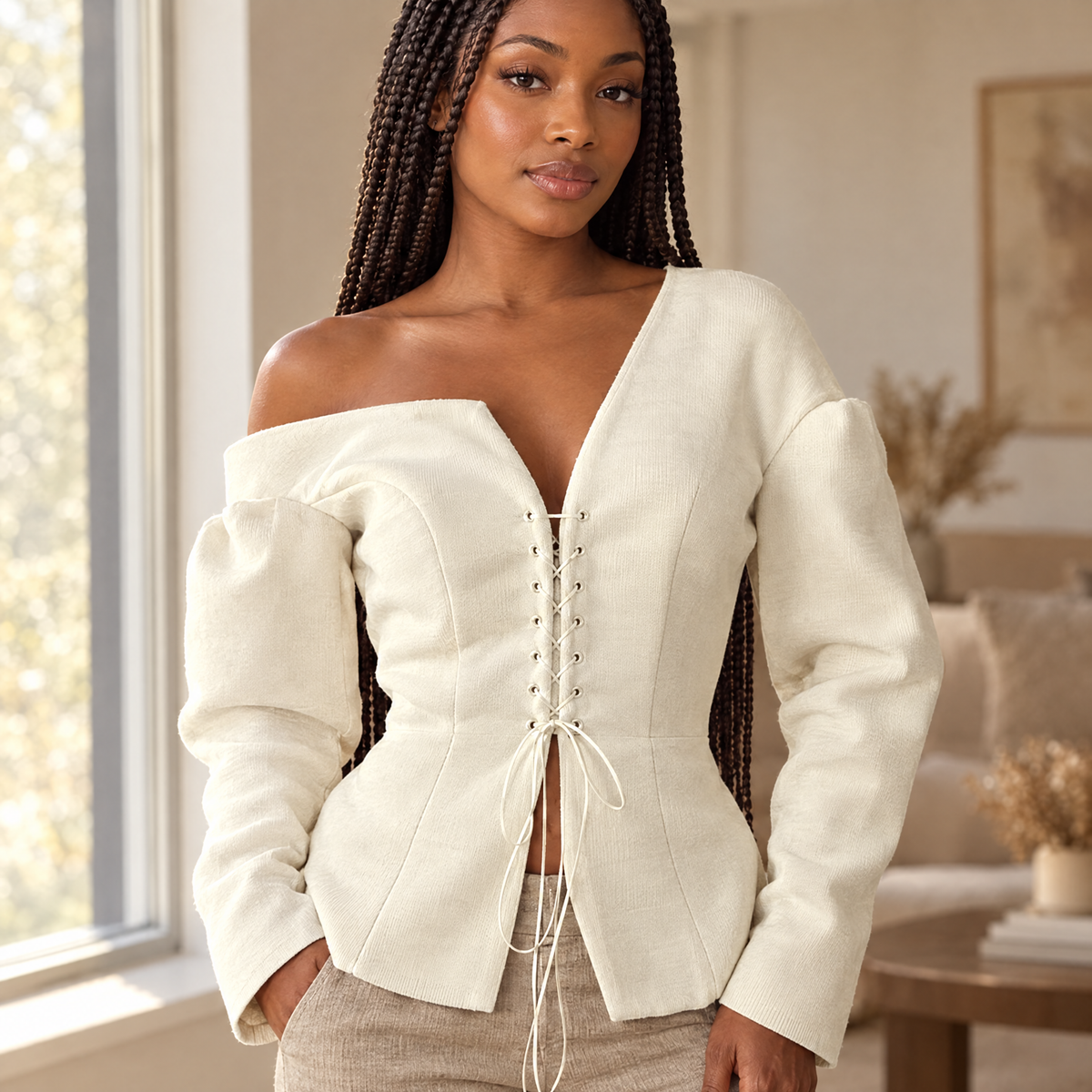 Women's One Shoulder Lace-Up Knit Top