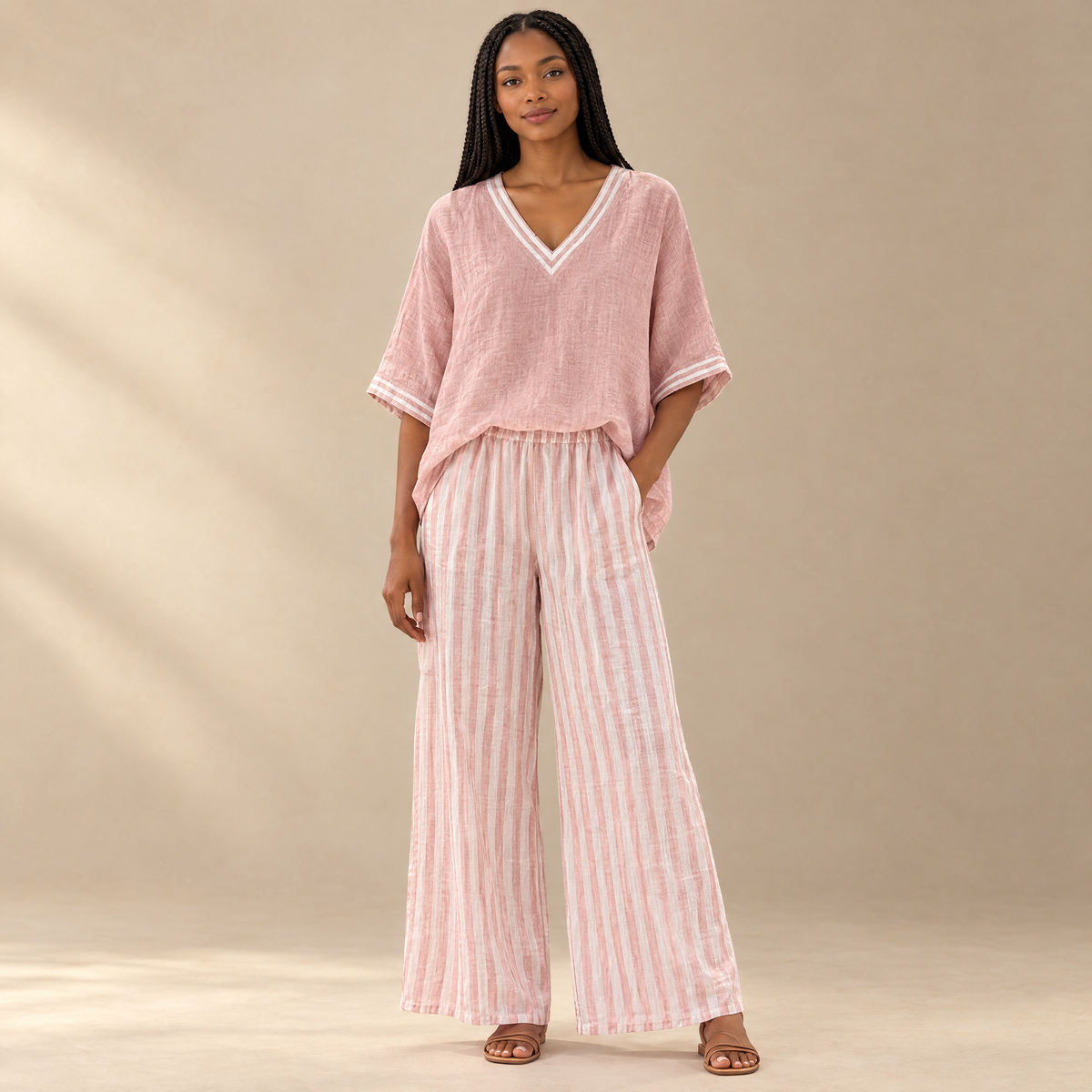 Women's V-Neck Top and Trouser Set
